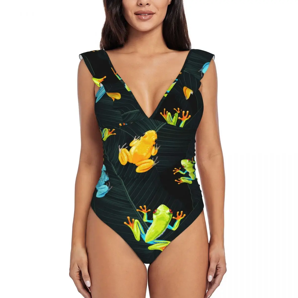 Swimwear Women One Piece Swimsuit Tropical Frogs And Palm Leaf Swimming Bikinis Push Up Monokini Sexy Ruffle Bathing Suit