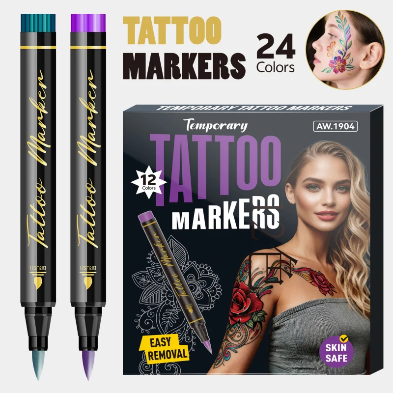 

24 Colors Soft-Tip Body Painting Skin Marker Tattoo Marker, Disposable Drawing Festival Party DIY Decoration Colouring Markers
