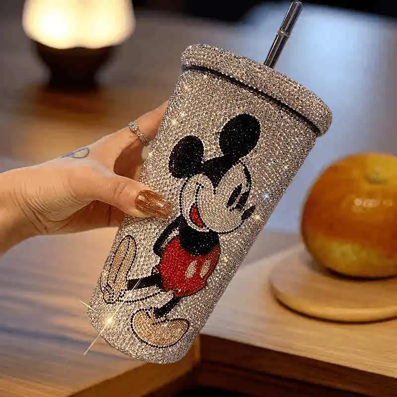 Mouse Style Thermos Mug with Straw Rhinestone 304 Stainless Steel Bling Diamond for Hot Cold Drinks Water Bottle Coffee Mug