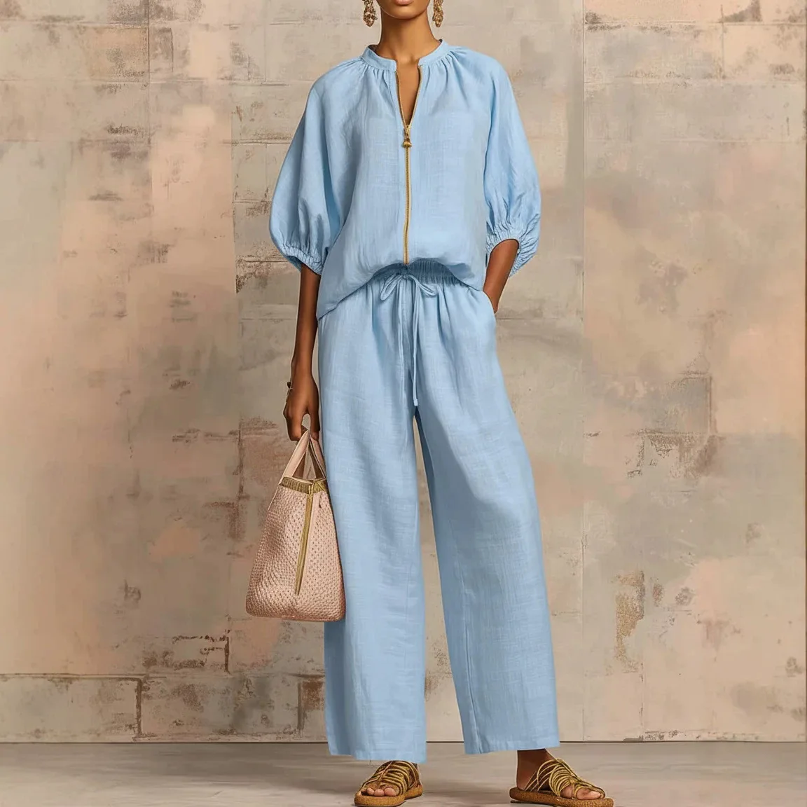 Cotton Linen Zip Shirt Wide Leg Pants Matching Set, Casual Blouse Top Jumpsuit Playsuit Sets for Spring Summer