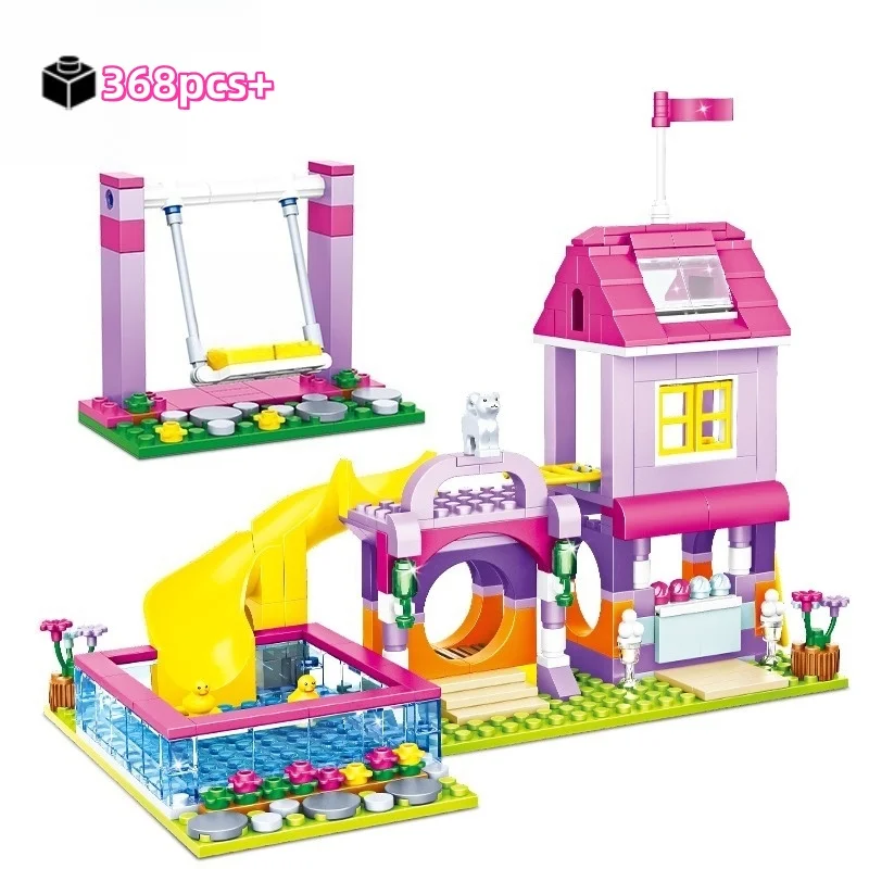 Creative Girls Summer Playground Building Blocks Set with Slide Swing and Pool DIY Amusement Park Construction Bricks Toy Gift