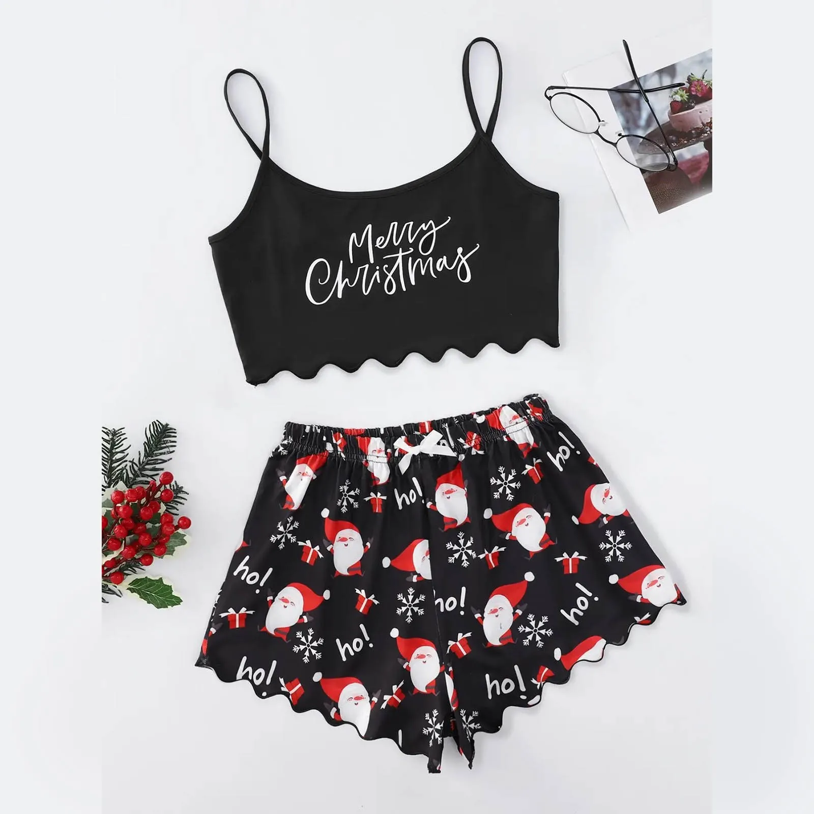 New Style Women Pajamas Set Christmas Print Camisole With Shorts Casual Sexy Lovely Nightie Homewear Sleepwear Underwear