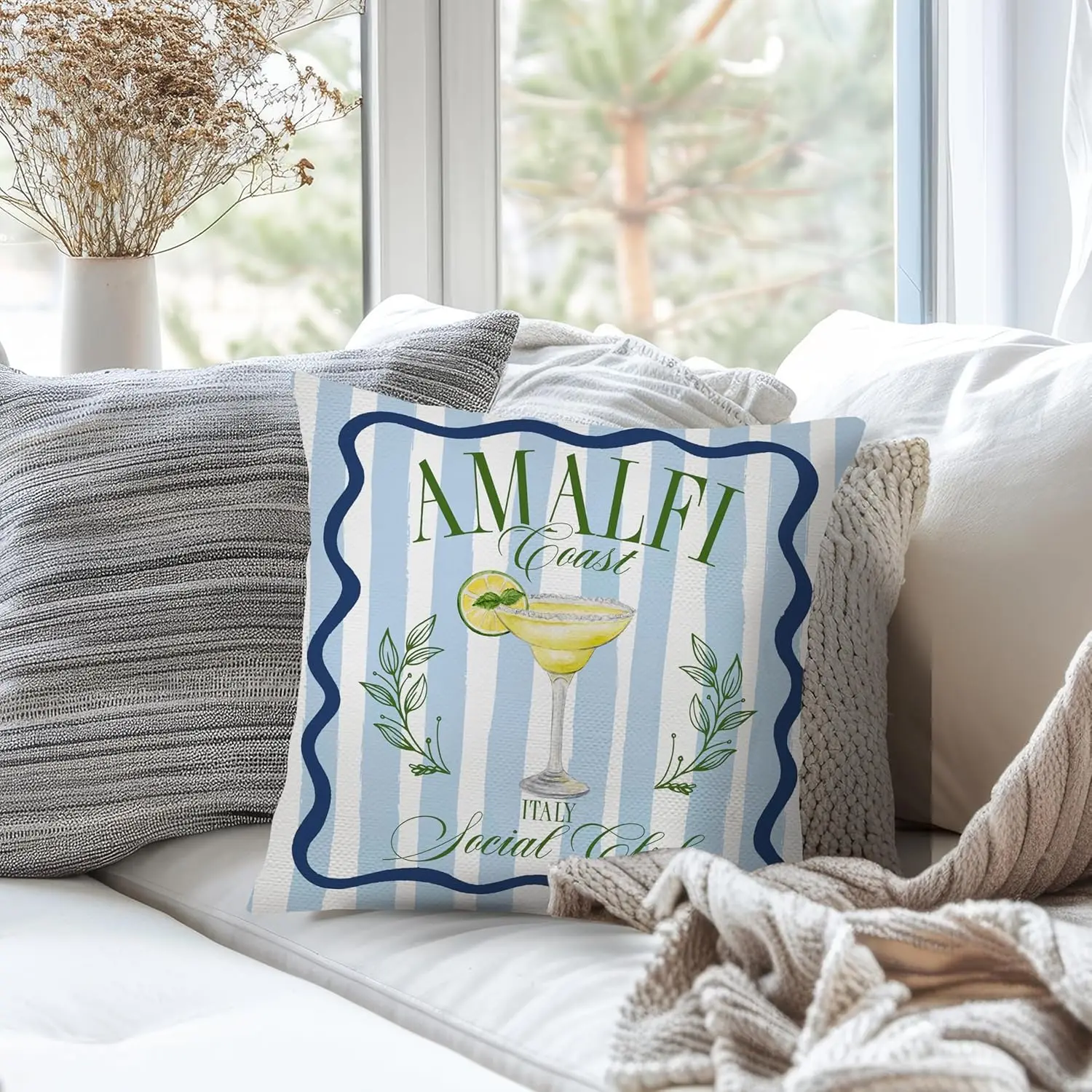 Amalfi Coast Pillow Cover, Italy Social Club Cushion Case, Lemon Cocktail Throw Pillow, Coastal Home Decor