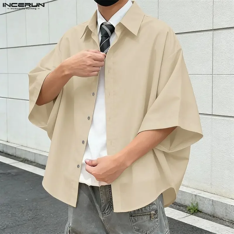 

2026 Men Shirt Solid Color Lapel Half Sleeve Loose Men Clothing Korean Style INCERUN Streetwear Fashion Casual Tops Male Shirts