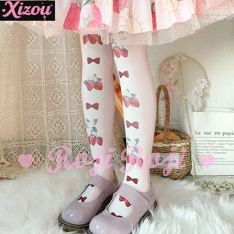 Japanese Strawberry Bow Tie Lolita Socks Women's Spring and Summer Velvet Print Pantyhose Lolita Sweet Socks Sweetheart Girl