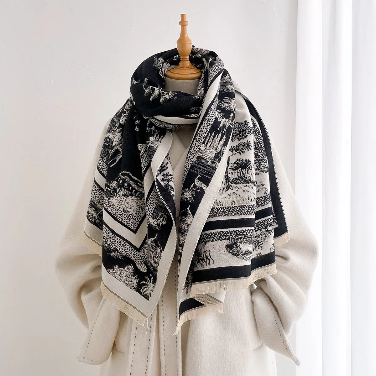 Ladies Thickened Faux Cashmere Reversible Scarf Monochrome Jungle Scenery Animal Print Fringe Long Shawl Windproof Oversized