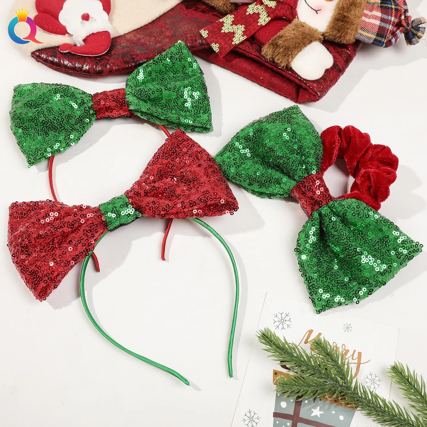 

Christmas bow tie sequined mesh headband bow tie plush large intestine ring hair accessories holiday jewelry gift