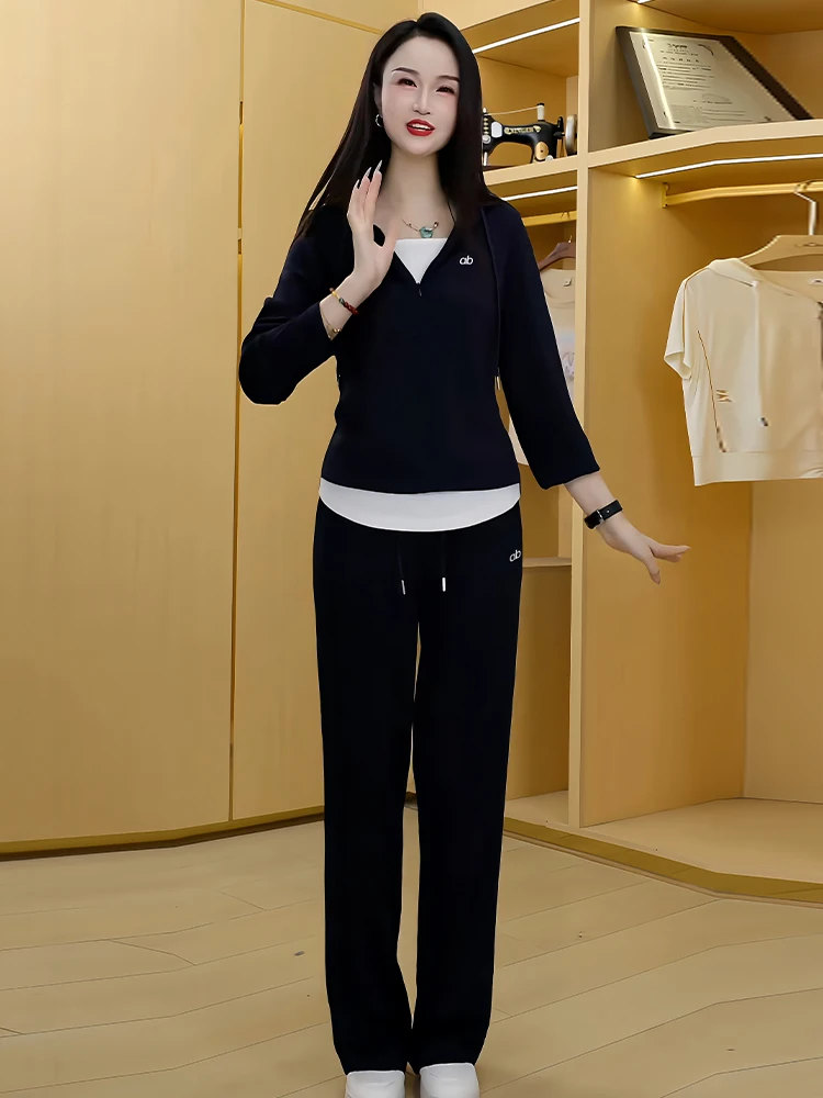 

Осень 2026, женский повседневный комплект свободных брюк, универсальная удобная дышащая футболка с высокой талией, костюм из двух предметов, модный