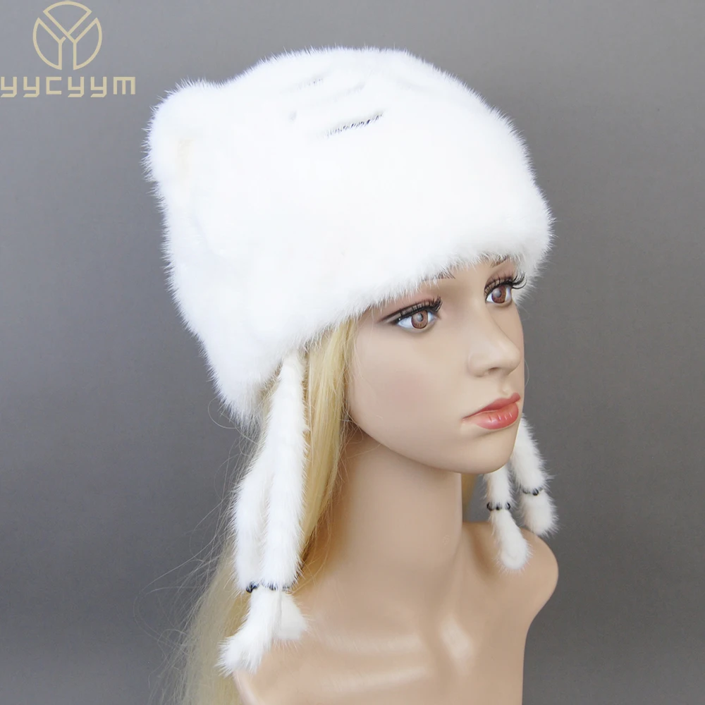 

Winter Mink fur Cute cat ears Square cap With Sequins Warm Winter For Women Real Natural Mink Fur Vertical Weaving Winter Hat