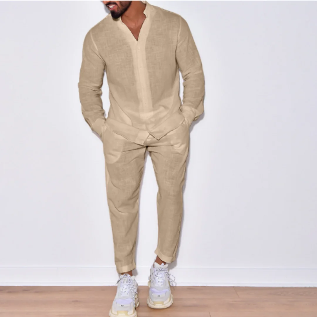 Autumn men\'s new fashion solid color suit cotton cardigan lapel long sleeve pants suit