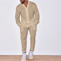 Autumn men's new fashion solid color suit cotton cardigan lapel long sleeve pants suit