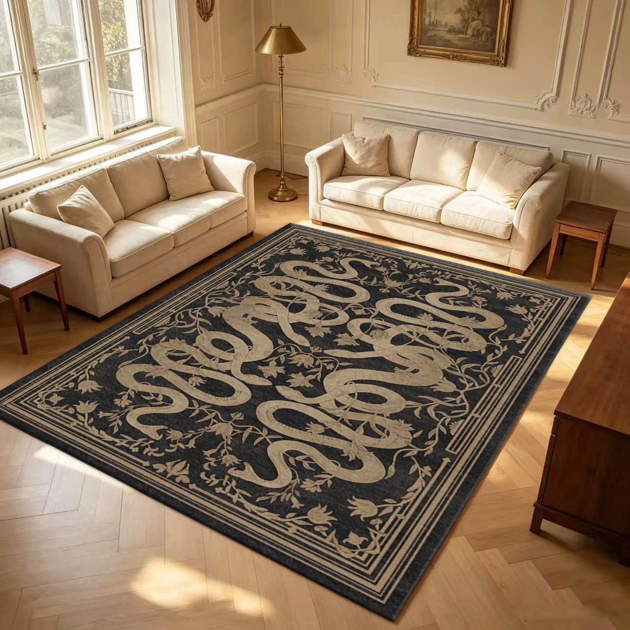 Vintage Gothic Black Snake Floral Pattern Area Rug Medieval Serpent Botanical Carpet Non Slip Washable Floor Mat Bedroom Living Room Home Decor