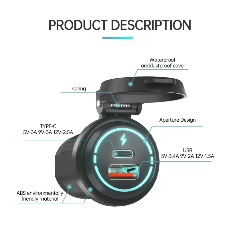 Upgraded USB C Car Charger Socket 12V/24V Dual USB Socket PD3.0 & QC3.0 Fast Charging Outlet for Car Marine RV Truck Motorcycle