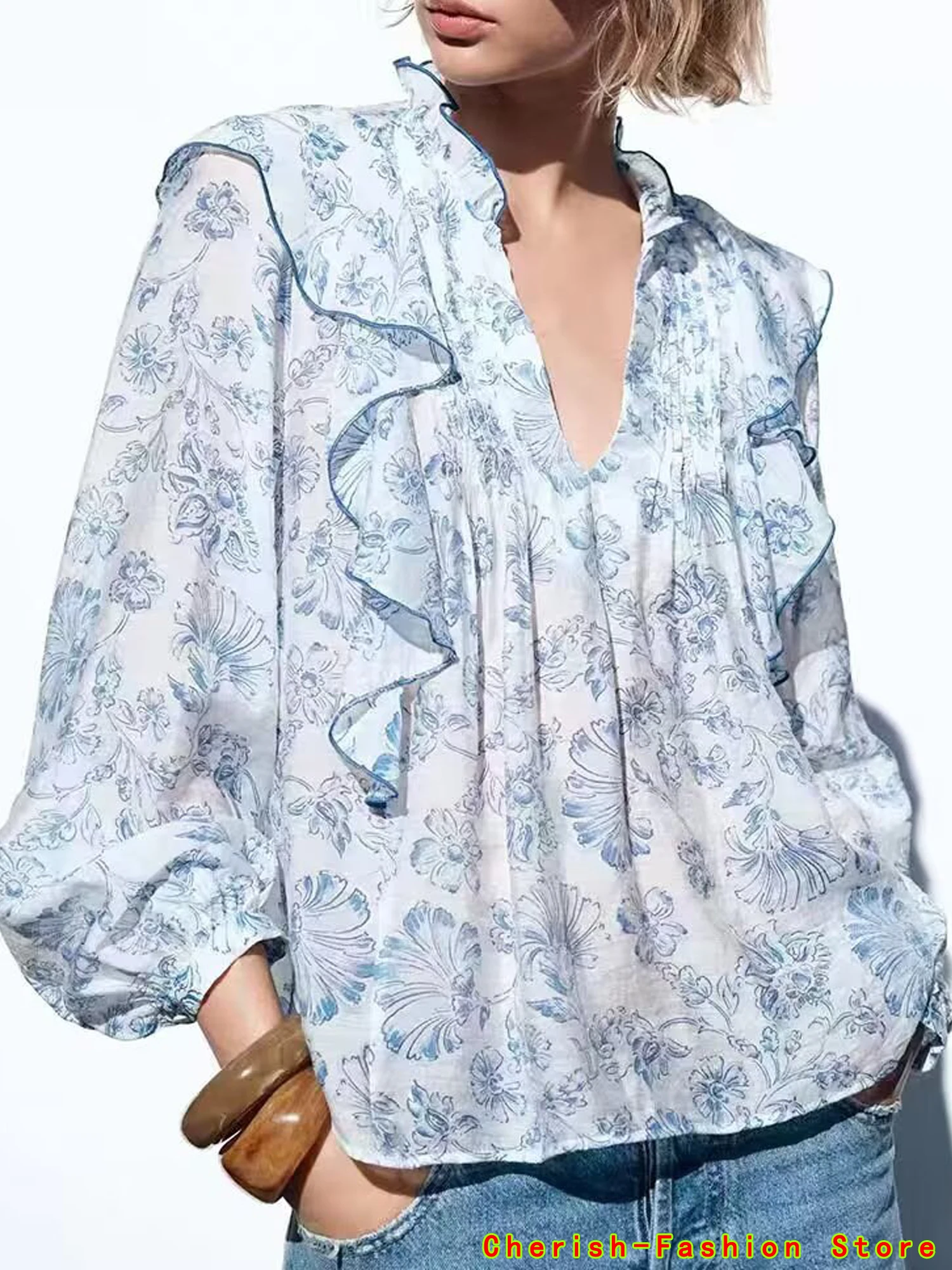 

2025 Brand New Fashion Floral Printed Blouse Long Sleeve Vintage Shirts and Blouses Woman Top Ruffles Elegant Blouses For Women