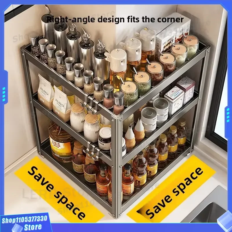 2026 New Metal 3 Tier Kitchen Corner Rack Vertical Seasoning Organizer Non Punching Countertop Shelf Multifunctional Knife
