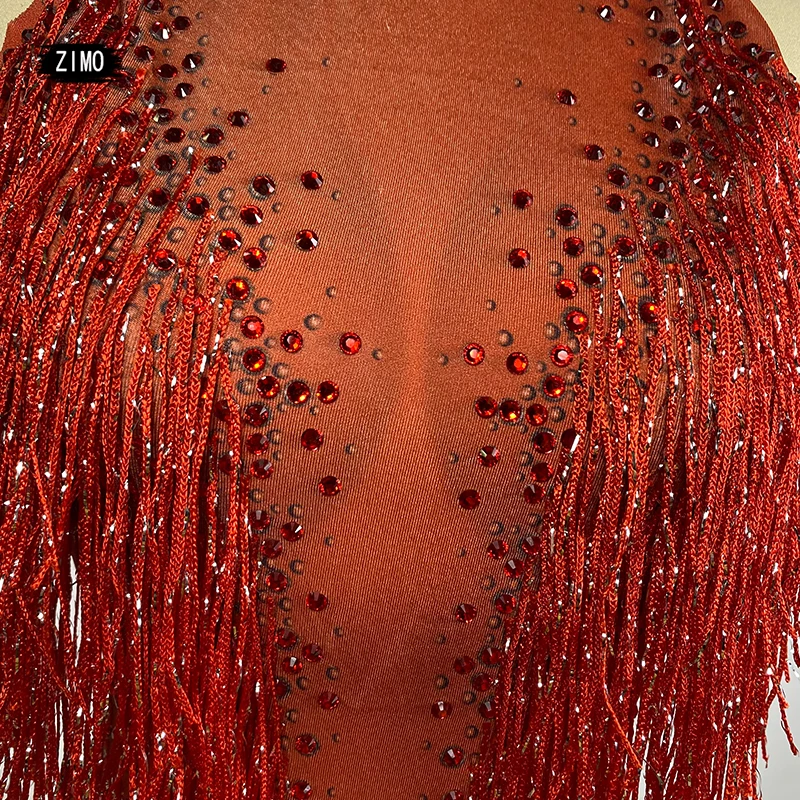 Sexy Nightclub Rhinestones Dance Bodysuits Women Elastic Tassel Latin Pole Dance red Leotard Showgirl DJ Stage Performance Wear