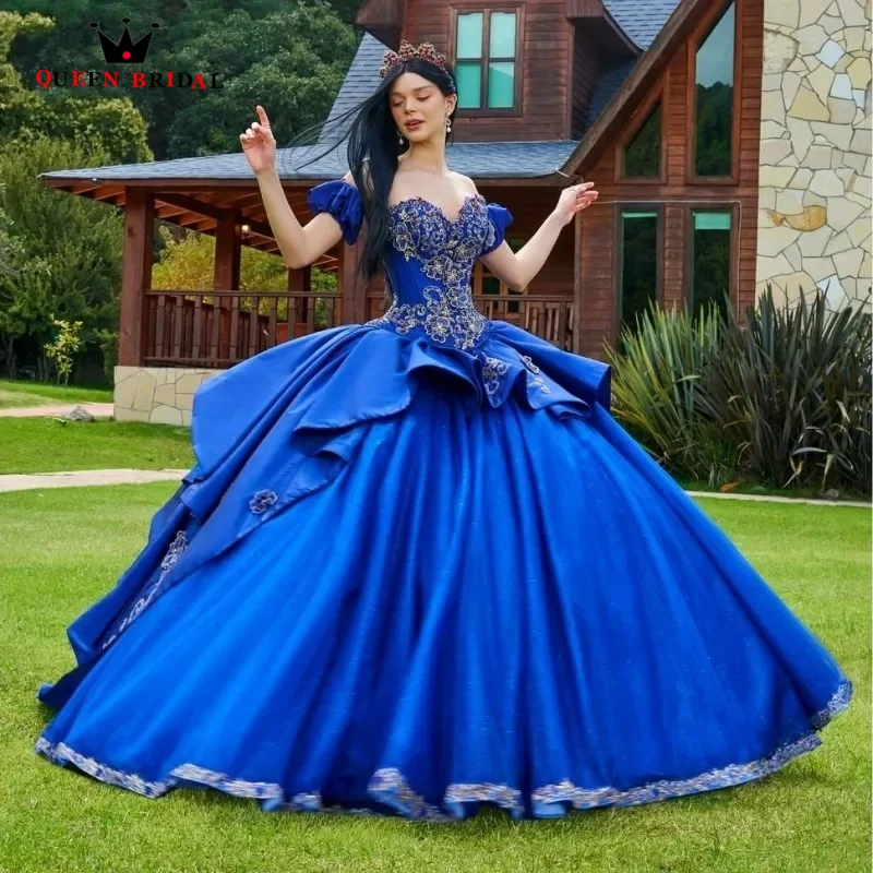 

Royal Blue Ball Gown Vintage Quinceanera Dresses Sweetheart Appliques Formal Prom Graduation Gowns Lace Up Sweet 16 Dress ED14