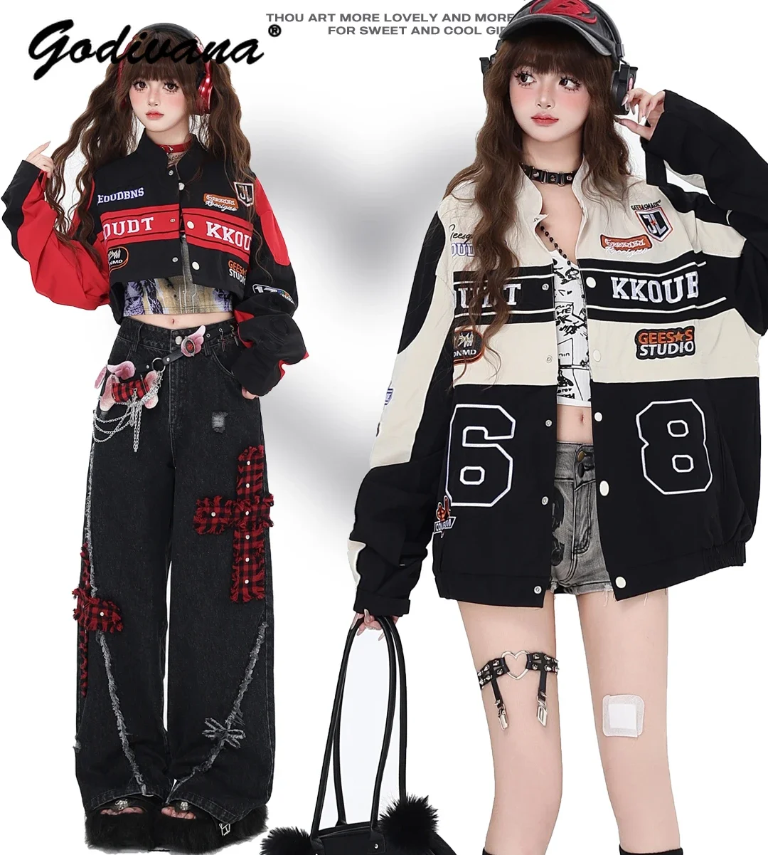 

American Streetwear Locomotive Girls Cool Detachable Baseball Jacket Spring and Autumn Women's Short/long Jacket Coat Outwear