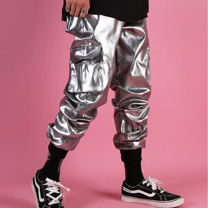 Casual Silver Leather Harem Pants Male Dancer Hip Hop Rock Pocket Cargo Trousers Performance Nightclub Stage Costume