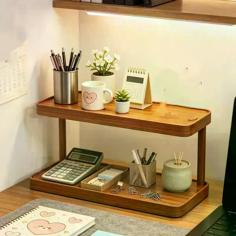 Wooden 2/3 Tier Desktop Storage Shelf Sturdy Frame Large Storage Space Home Office Study Organization