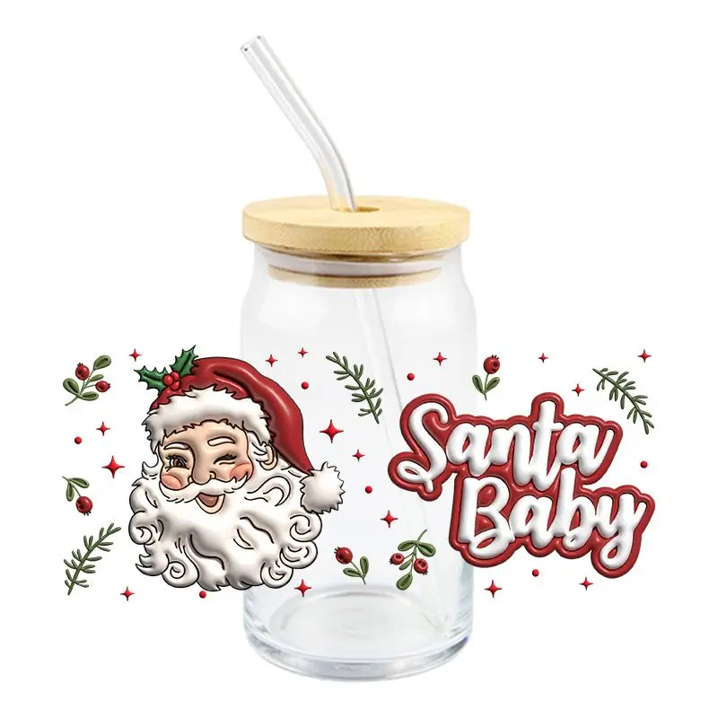 Santa Claus Transfe Sticker 3D DTF UV Design Transfer Decals For Wraps Glass Bottles Cups Cans Custom Decals