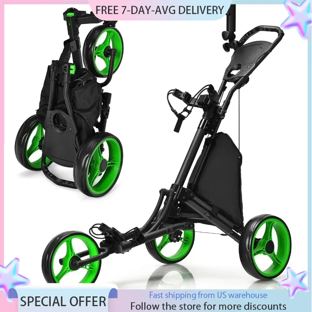 Golf Push Cart, 3 Wheels Aluminum Folding Height Adjustable Golf Push Trolley with Umbrella Holder & Waterproof Bag Golf Cart