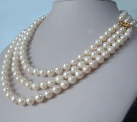 

3 row strands natural 8-9mm akoya white pearl necklace 17"18"19"14K gold clasp