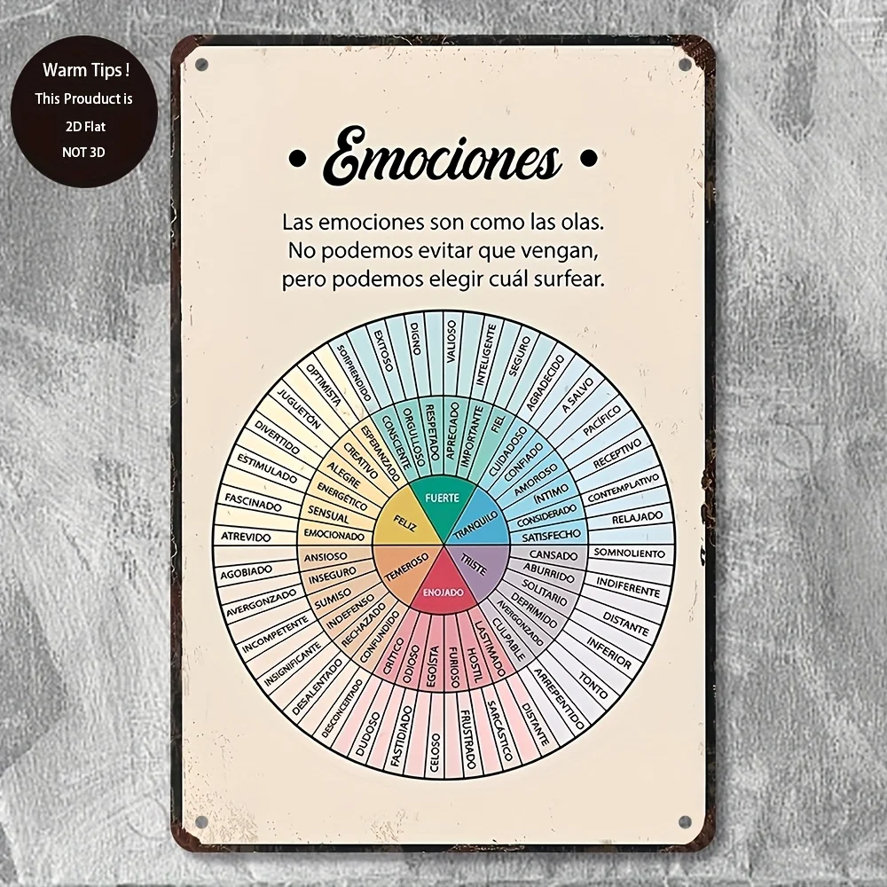 Vintage Emotion Wheel Metal Wall Art Sign -  Spanish/English Bilingual Emotional States Decor, Pre-Drilled for Easy Hanging, Ind