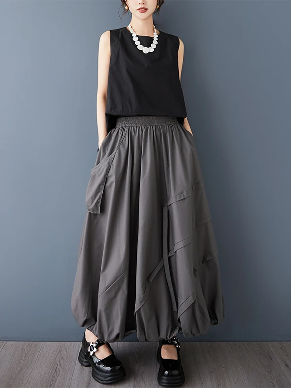 

k Sle Bicolor Design f-length Pleated Skirt Faionable Casual Puffy Flower Bud Skirt High Waist A-line Midi Skirt