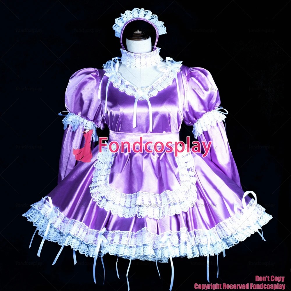 fondcosplay adult sexy cross dressing sissy maid short lockable lilac satin dress apron cosplay CD/TV[G3847]