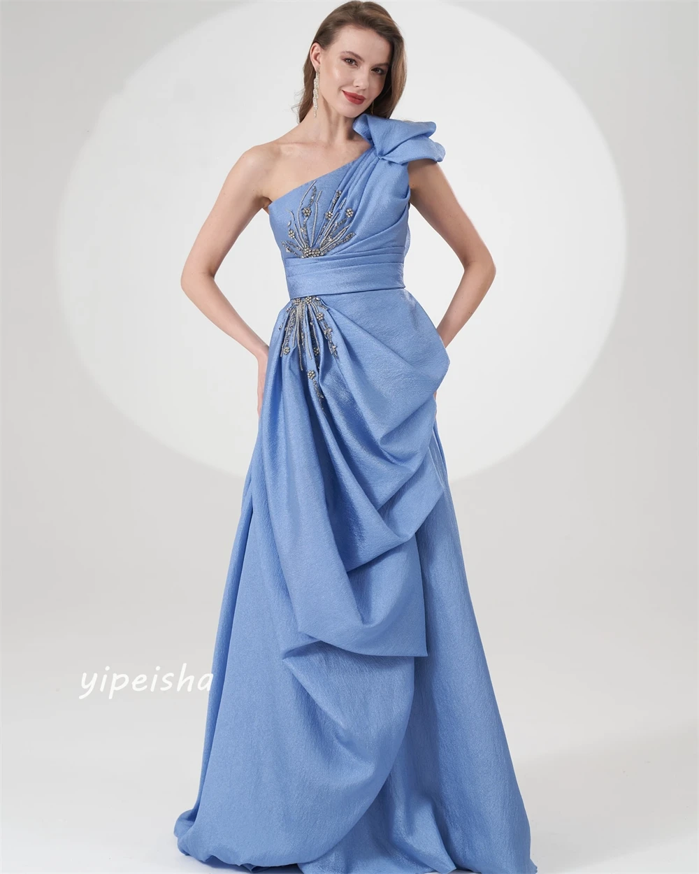 Jersey Sequined Ruched Beading Christmas A-line One-shoulder Bespoke Occasion Gown Long Dresses