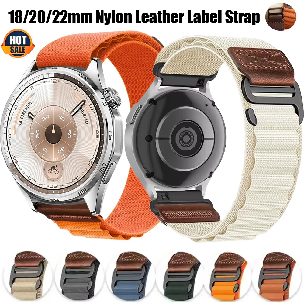 18/20/22mm Nylon Leather Label Strap for Huawei Watch 5 GT6-5-4 46/41mm Comfortable Watchband Amazfit Active 3-Max/Balznce 3 2 1