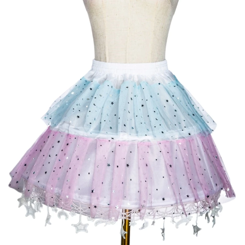 Women Anime Fishbone Hoop Skirt Star Moon Sequins Tassels Petticoat Underskirt