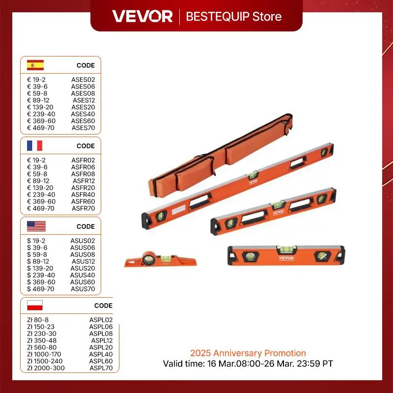 VEVOR Magnetic Torpedo Level 48/24/16/10 in Mechanical Level Set Bubble Vials Ruler for 45/90/180 Degree Aluminum Alloy Leveler