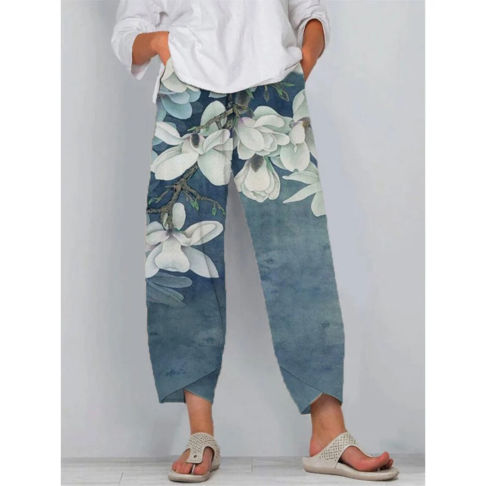 CLOOCL Pants Women Loose Casual Pockets Trousers Summer Eucalyptus Print Ankle Slit Design Ankle-Length Pants Farmhouse Style