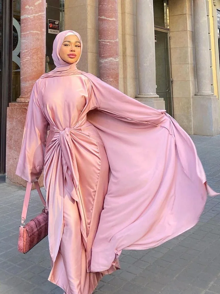 

Ramadan White Satin Abaya 2 Piece Set Hijab Muslim Dress Women Kaftan Evening Dresses Dubai Turkey Fashion Islamic Clothing Sets