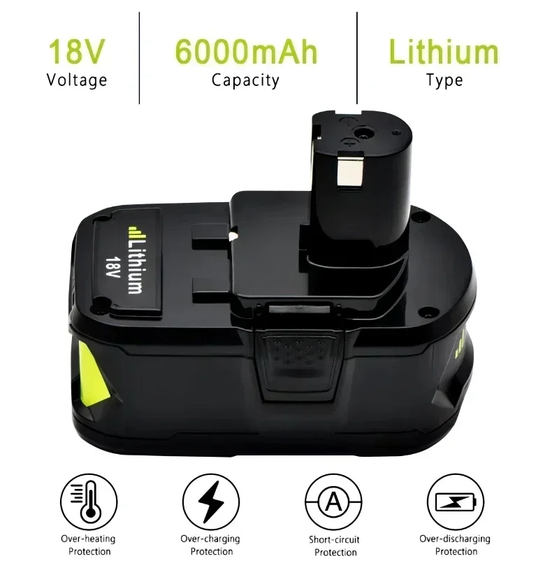 18V 6.0Ah RYOBI ONE+ high-performance lithium battery No memory effect, low self discharge, suitable for all ONE+tools P10 P107