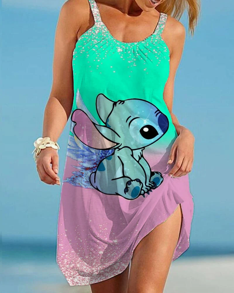 2022 Summer Women Disney Stitch Sleepwear Nighty Nightdress Robe Vest Suspender Skirt Nightgown Female Night Home Cloth Dress