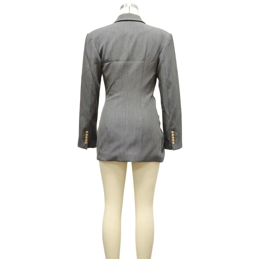 Fashionable Grey Ruched Blazer Dress Elegant Sexy Luxury Long Sleeve Gold Button Gown Formal Prom Dinner Party Cocktail Party