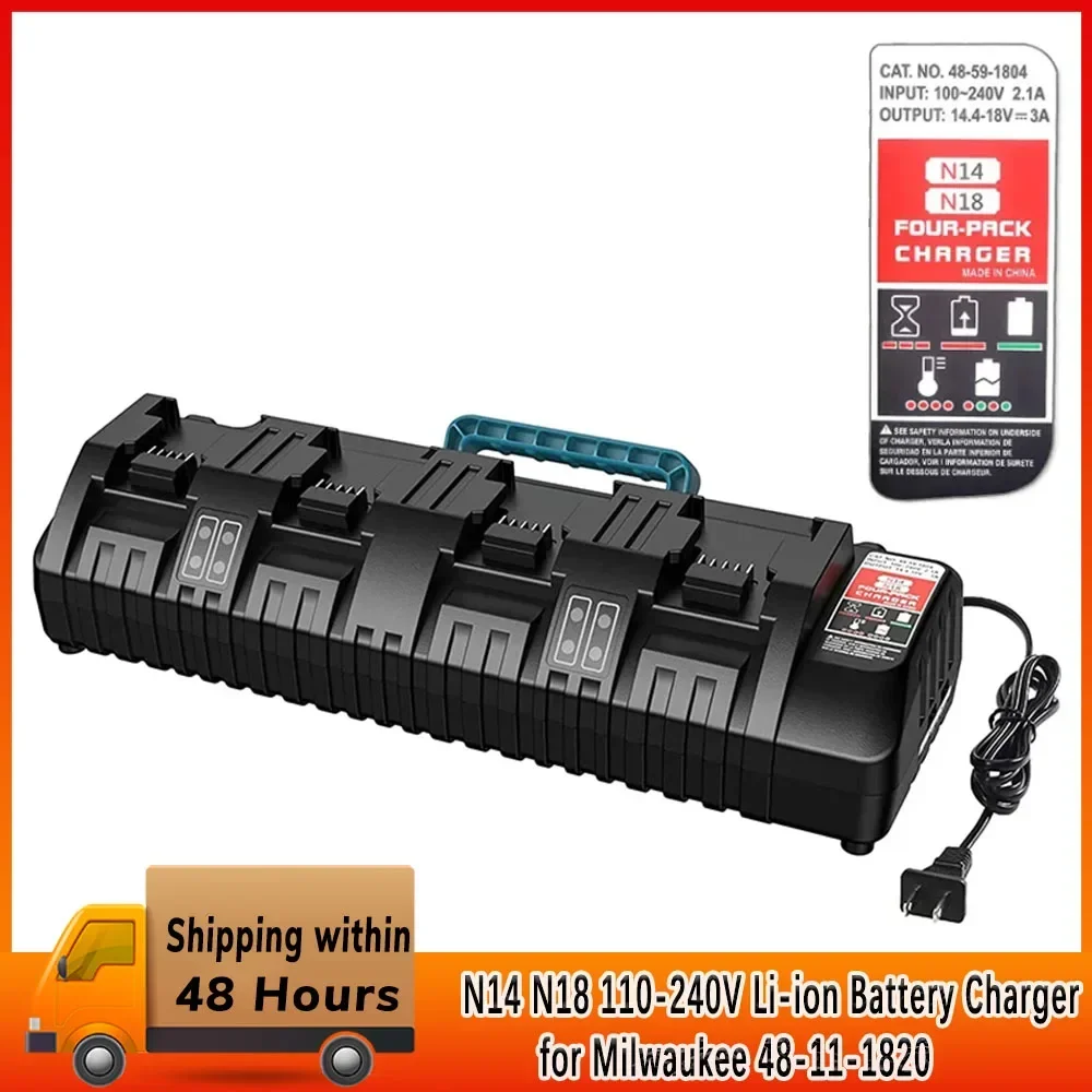 N14 N18 110-240V Li-ion Battery Charger for Milwaukee M18 48-11-1815 48-11-1828 48-11-2401 48-11-2402 4-Port 3A Charger