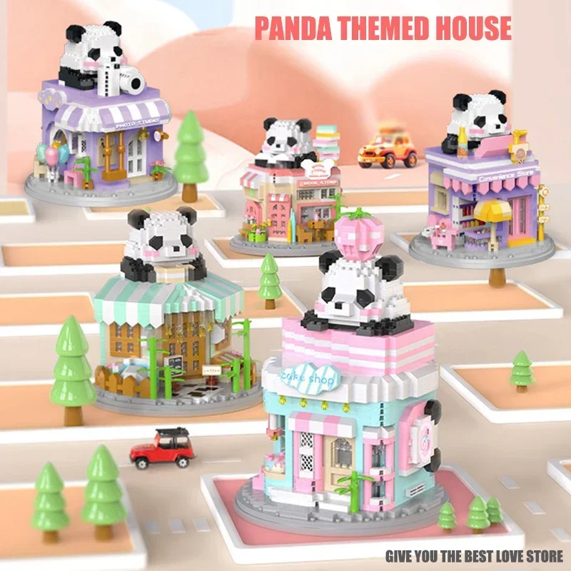 DIY Mini Panda Themed House Street View House Building Blocks Toys Chinese Style Model Toys For Kids Gifts