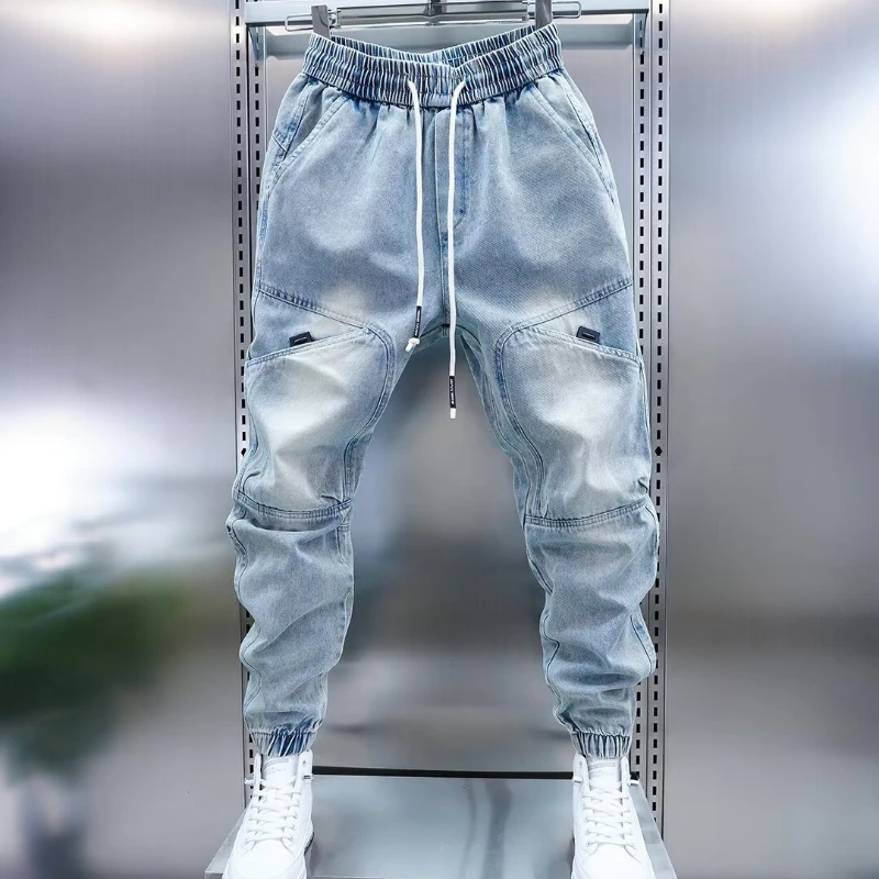 

Уличные эластичные джинсы, мужские высококачественные джинсовые брюки-карго, однотонные повседневные брюки со средней талией, облегающие повседневные брюки для бега
