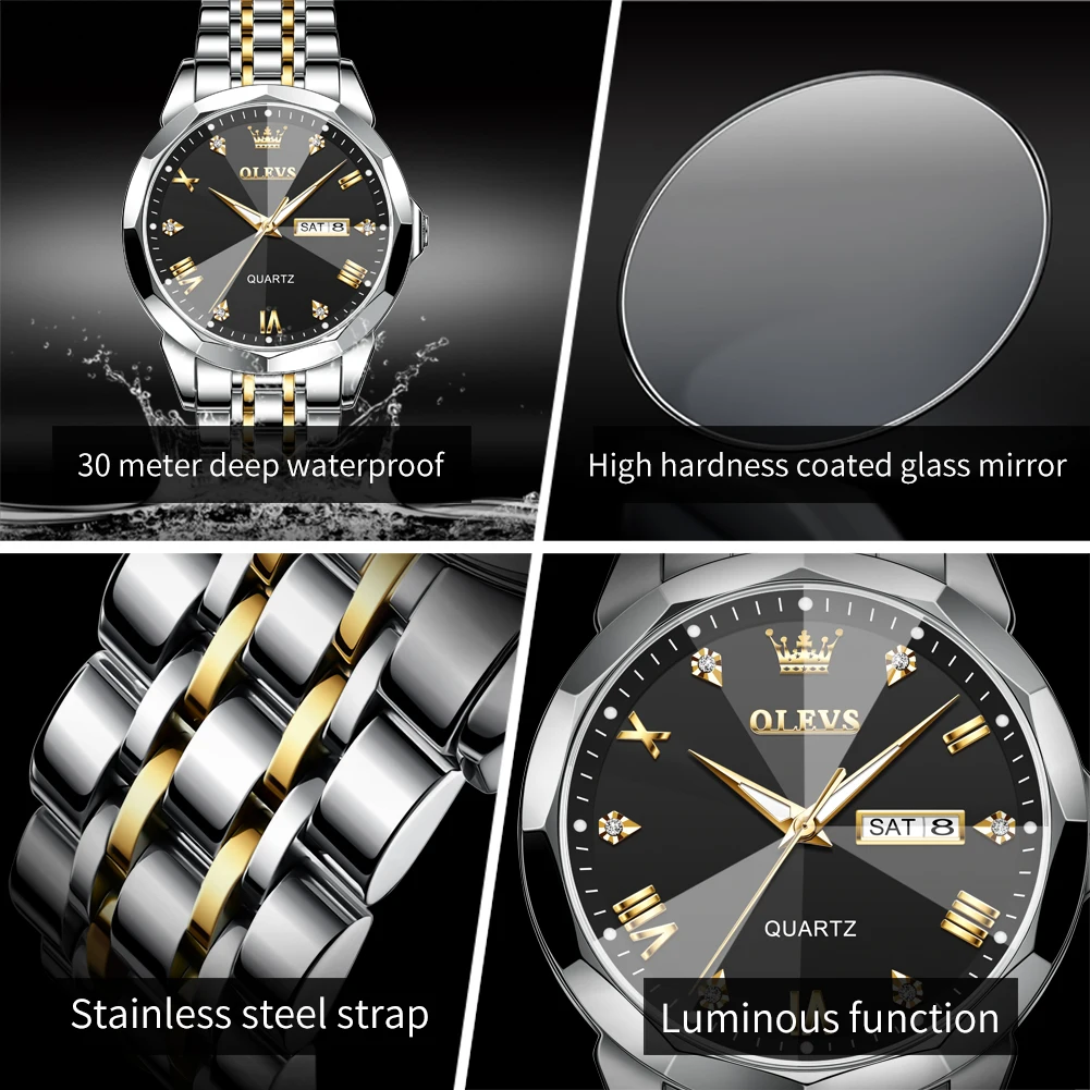 OLEVS 9931 Quartz Watch for Men Solid Stainless Steel Strap Rhombus Design Fashion Business Wristwatch Men's Waterproof Watches