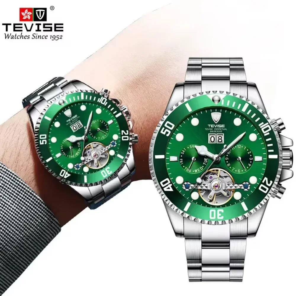 Men Hollow Tourbillon Automatic Mechanical Watch Casual Calendar Week Glow-in-the-dark Waterproof Multi-functional Sports Watch