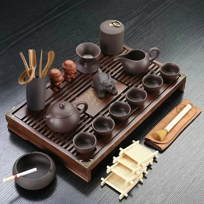 Ceramic Kung Fu Tea Set Solid Wood  Tray Teapot 27-piece Tea Suit Chinese Tea Ceremony