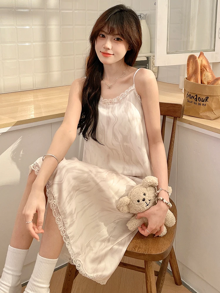 

DAIMELU with chest pad ice silk suspender nightdress women's summer high-end ink painting long pajamas loungwear lady nightgown