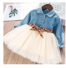 Spring Autumn Girls Dress Korean Version Denim Stitching Mesh Dress + Detachable Polka Dot Belt Suit Dress