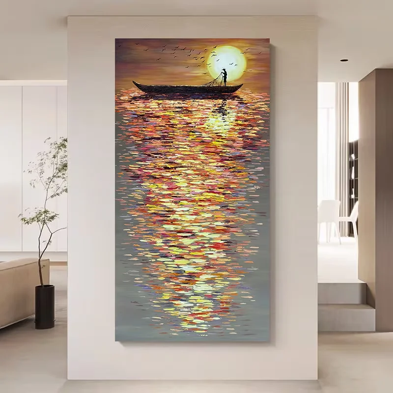 1pc (No frame),[Frameless Sunset Sea Scenery Canvas] Modern Abstract Fisherman Sunset Sea Scenery Canvas Art - Frameless, High-Q