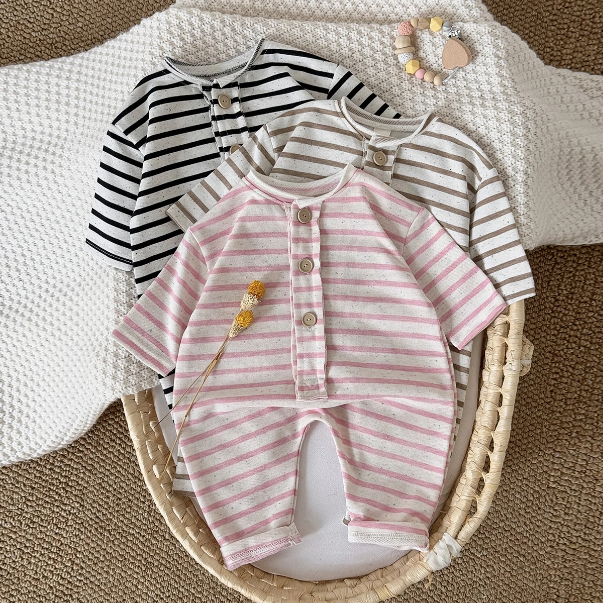 2025 Spring and Autumn New Baby Clothing Striped Cartoon Print Jumpsuit Newborn Baby Romper Pants Babies Aged 0-3Years Kids