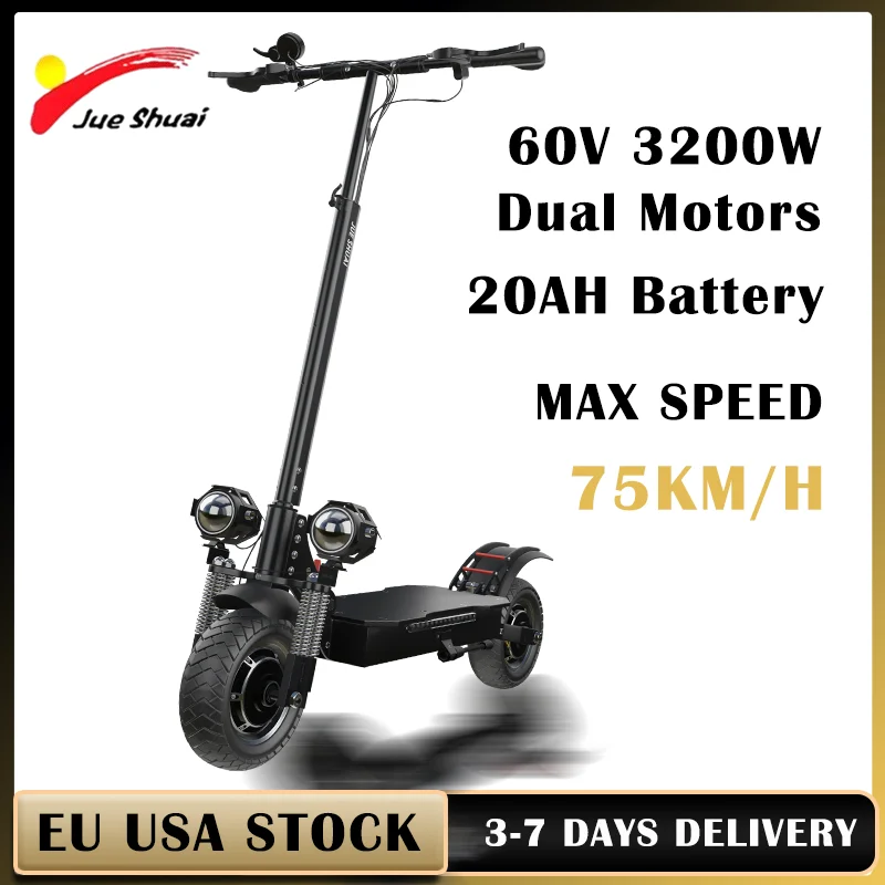 3200W Foldable Electric Scooter for Adults 60V 20Ah Escooter Electric Step 75KM/H Max Speed E Roller 10Inch All-terrain Tyres